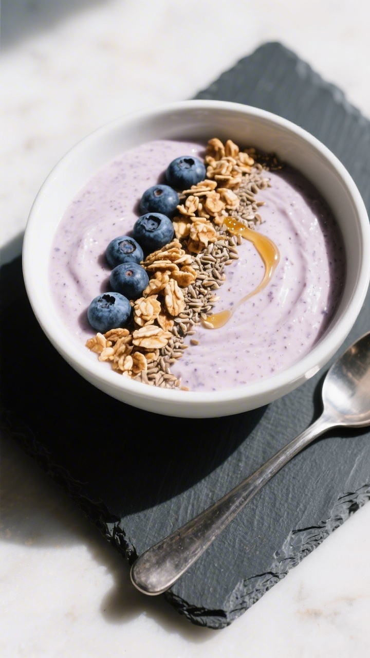 Final dish presentation: Beautifully plated blueberry yogurt smoothie bowl, extra-thick and moundabl