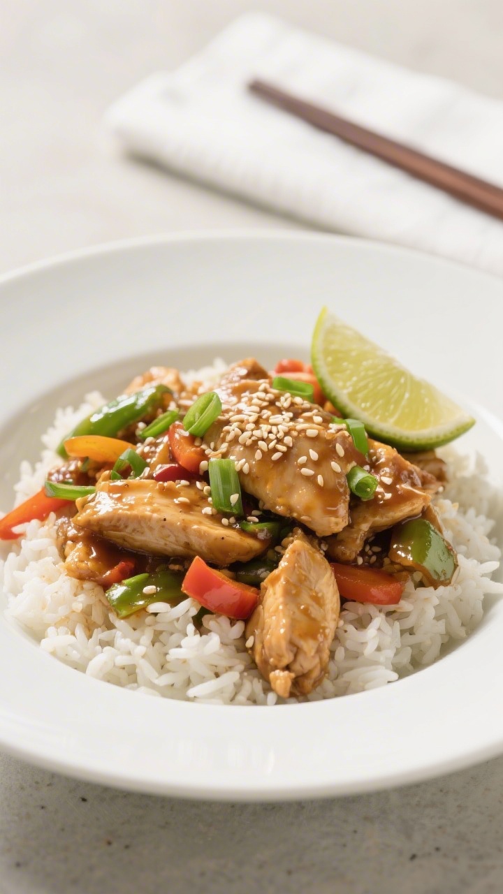 Final dish presentation: Beautifully plated chicken stir fry over fluffy jasmine rice in a wide, sha
