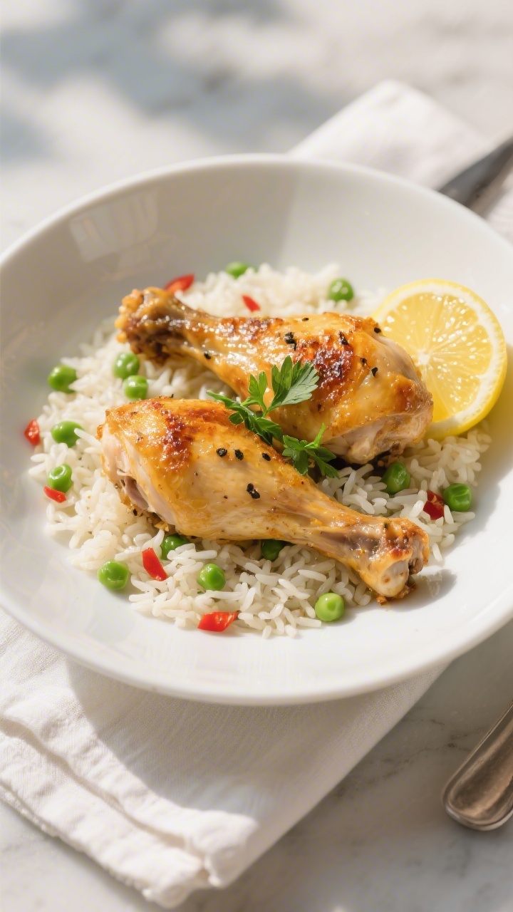 Final dish presentation: Beautifully plated chicken and rice in a wide, shallow white bowl—two gol