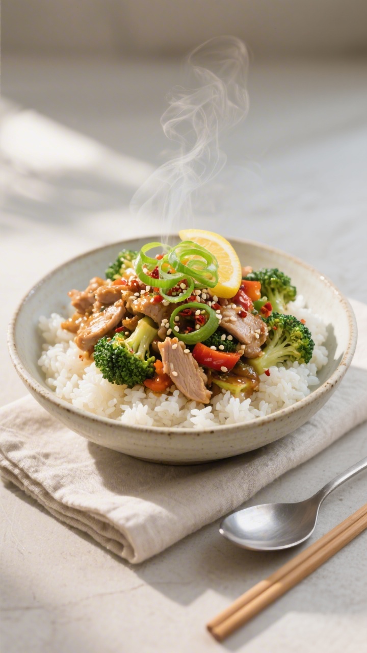 Final dish presentation: Beautifully plated High Protein Turkey Rice Bowl in a wide shallow ceramic