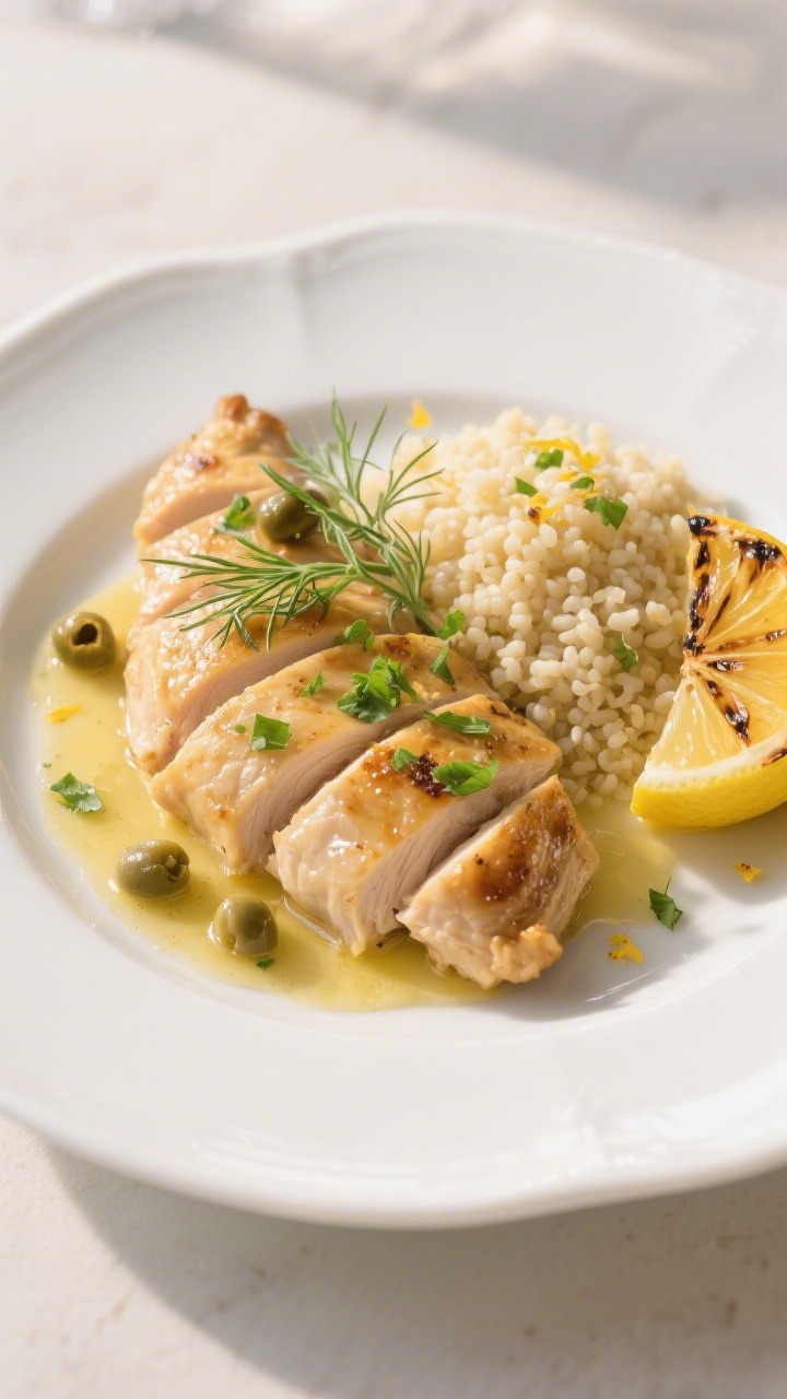 Final dish presentation: Beautifully plated Lemon Chicken on a white coupe plate, cutlets sliced on
