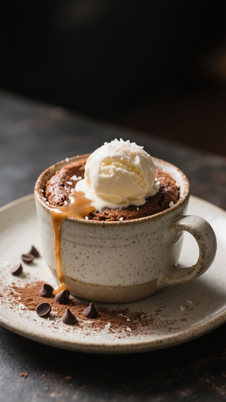 Final dish presentation: Beautifully plated mug cake served in a wide, stoneware mug with a generous
