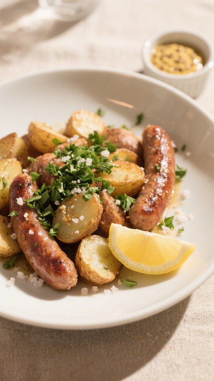 Final dish presentation: Beautifully plated one-pan sausage and potatoes in a wide, shallow white bo