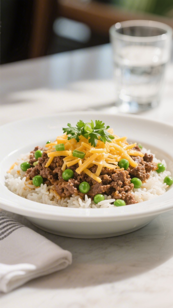Final dish presentation: Beautifully plated one-pan ground beef and rice served in a wide white bowl