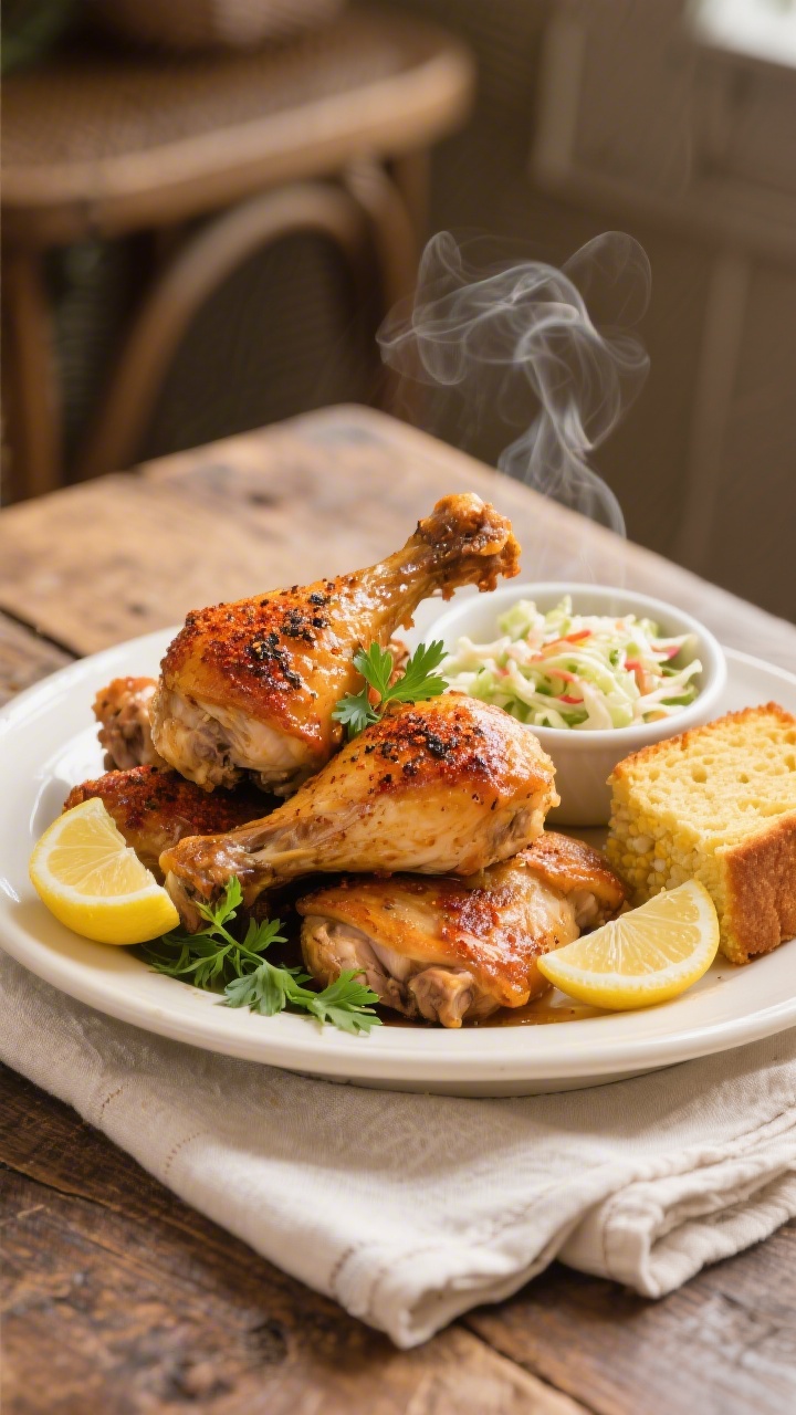 Final dish presentation: Beautifully plated Southern baked chicken (thighs and drumsticks) stacked o