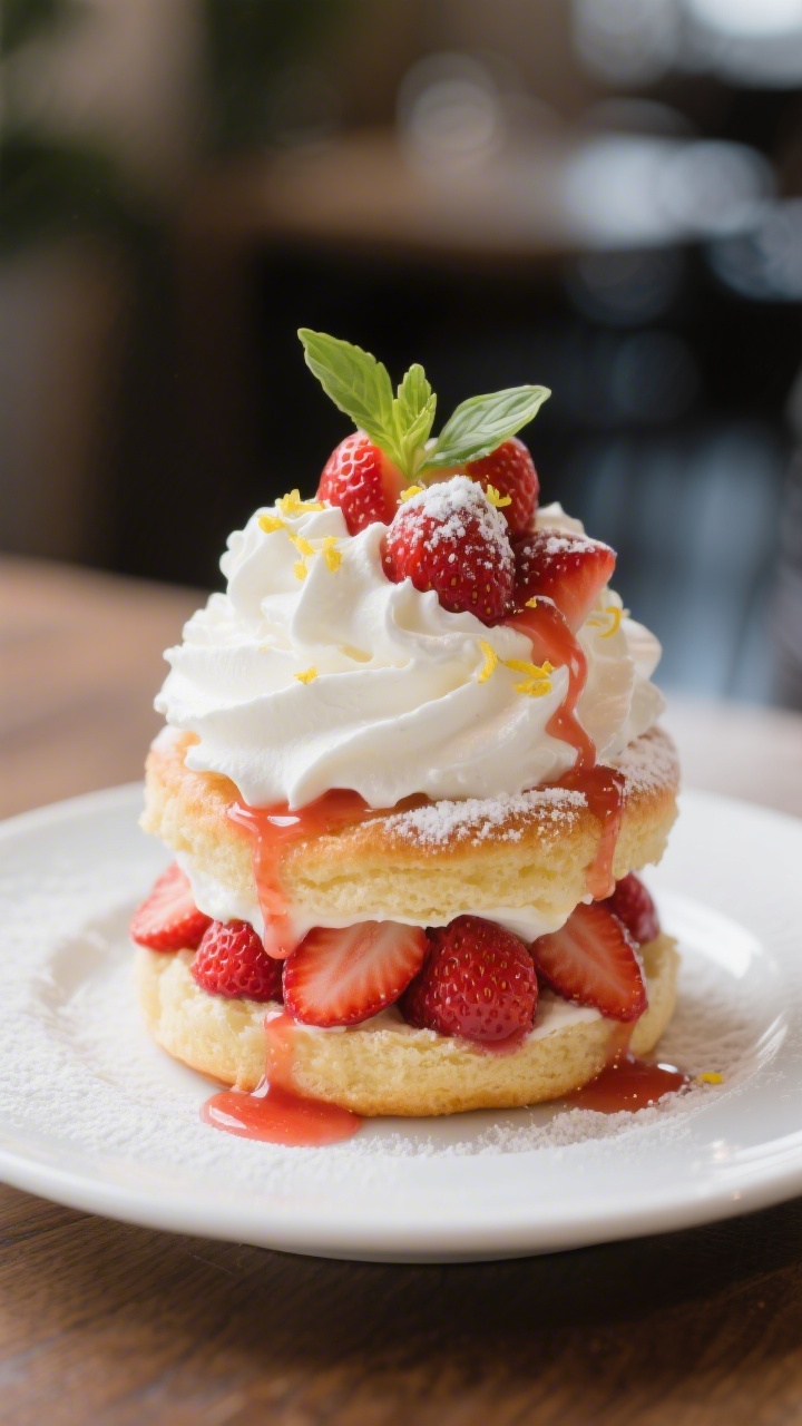 Final dish presentation: Beautifully plated strawberry shortcake stack on a white ceramic dessert pl