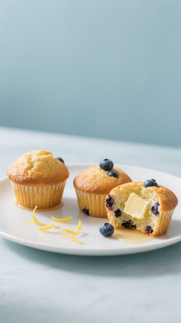 Final dish presentation: Beautifully plated trio of golden-domed blueberry muffins on a matte white