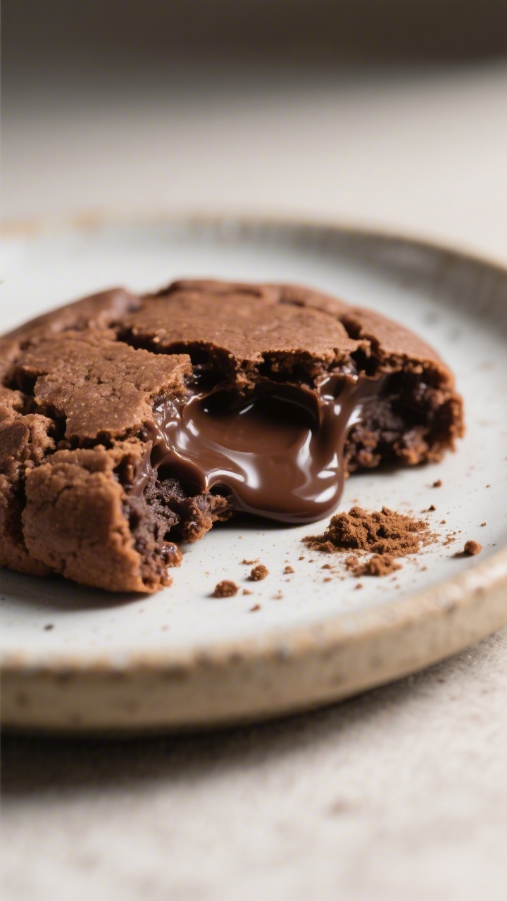 Final dish presentation: Dramatic side-angle macro of a brownie cookie broken open on a small cerami
