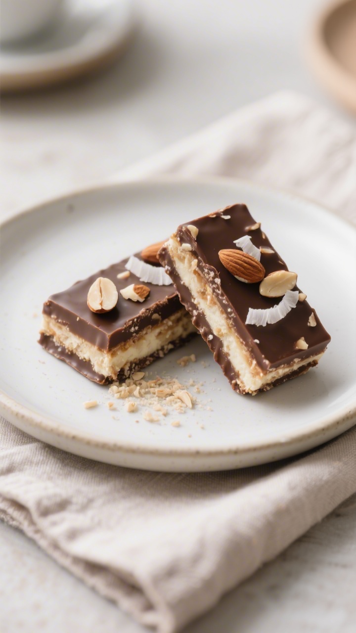 Final dish presentation: Neatly stacked bars on a matte white plate, two bars tilted to reveal the d