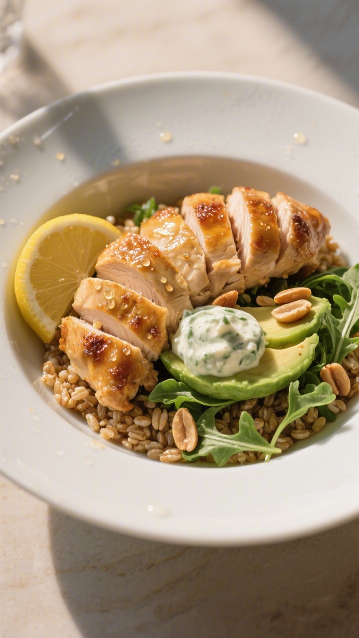 Final dish presentation: Restaurant-plated Mediterranean Lemon Chicken Bowl variation with farro bas