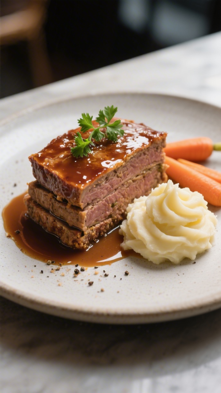 Final dish presentation: Restaurant-quality hero shot at 45 degrees of a neatly stacked slice of mea