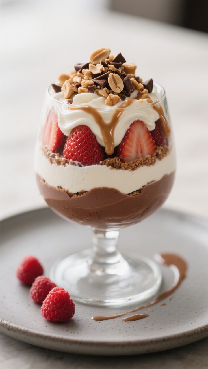 Final dish presentation: Restaurant-quality PB&J variation—parfait in a stemless wine glass with c