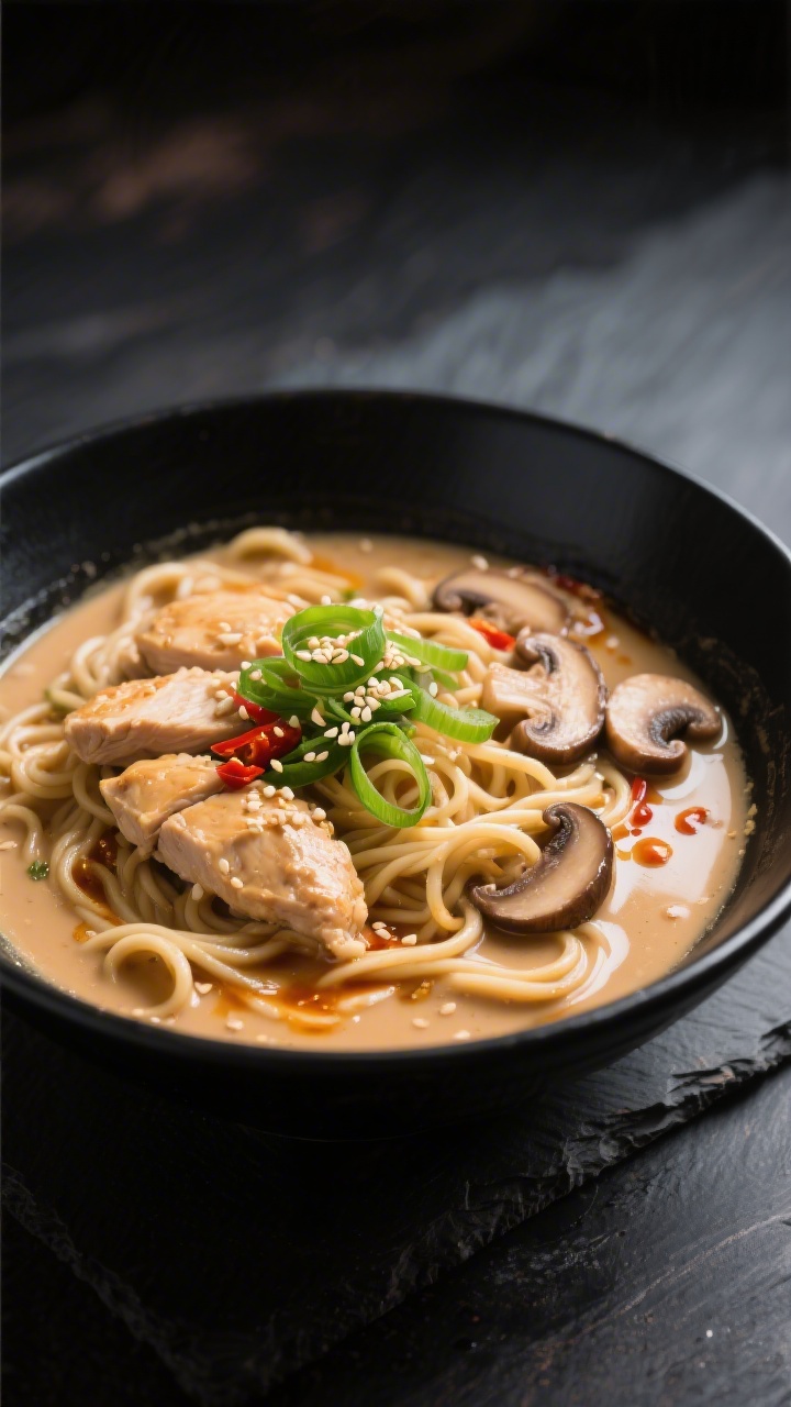 Final dish presentation: Restaurant-quality peanut-chili ramen variation—creamy, slightly thickene