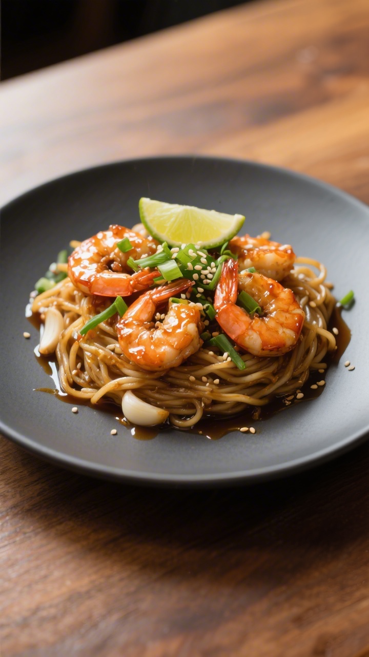 Final dish presentation: Restaurant-quality plate of honey garlic shrimp over garlicky noodles, each