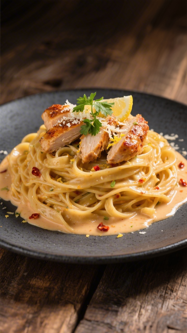 Final dish presentation: Restaurant-quality plate of creamy Cajun chicken fettuccine, twirled into a