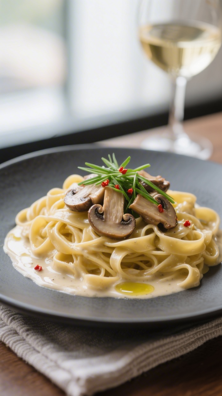 Final dish presentation: Restaurant-quality plate of fettuccine in a velvety mushroom cream sauce, p