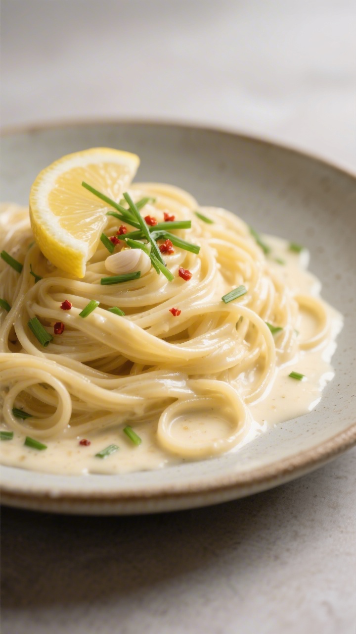 Final dish presentation: Restaurant-quality plate of creamy garlic linguine with a light squeeze of