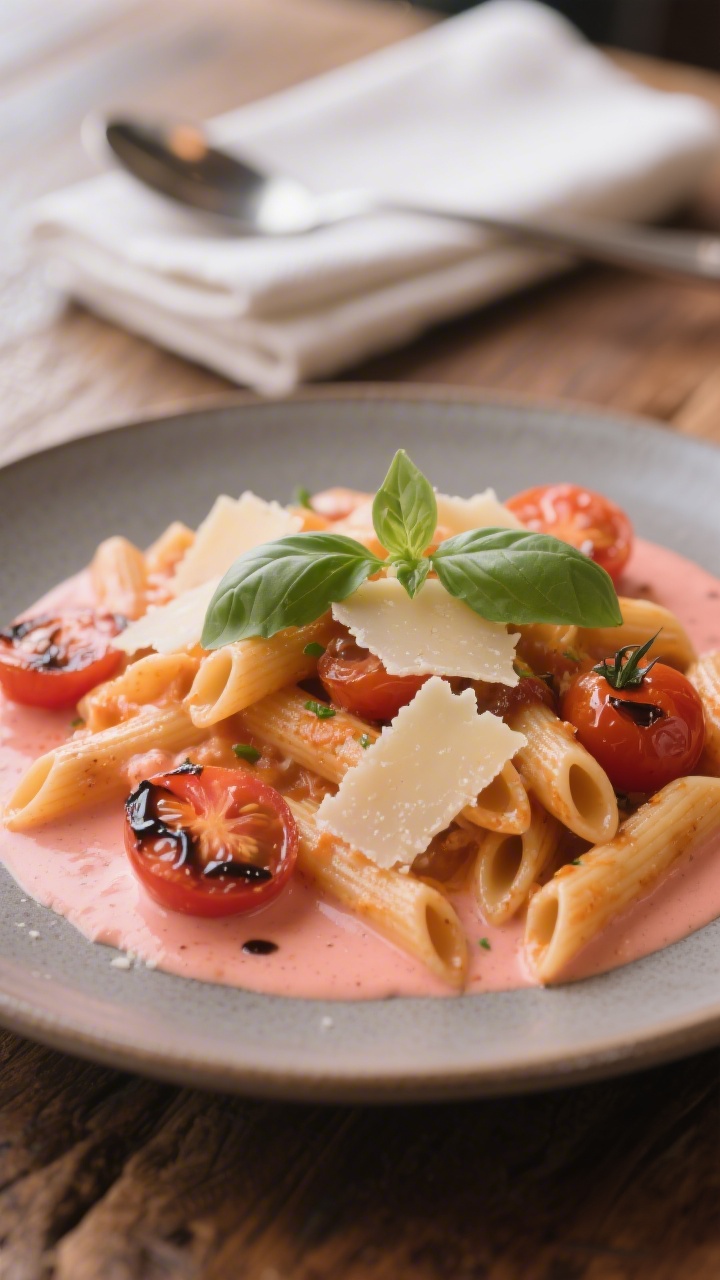 Final dish presentation: Restaurant-quality plate of penne in silky pink-orange tomato cream sauce,