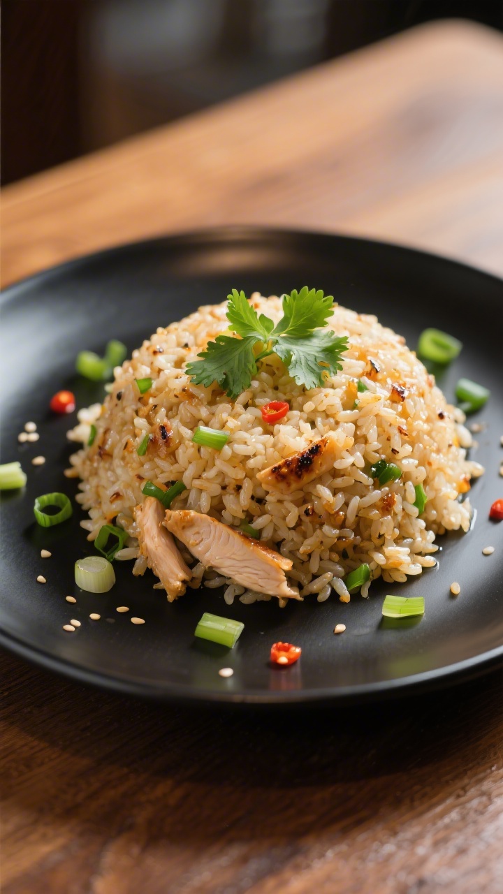 Final dish presentation: restaurant-quality plate-up of chicken fried rice molded into a neat mound