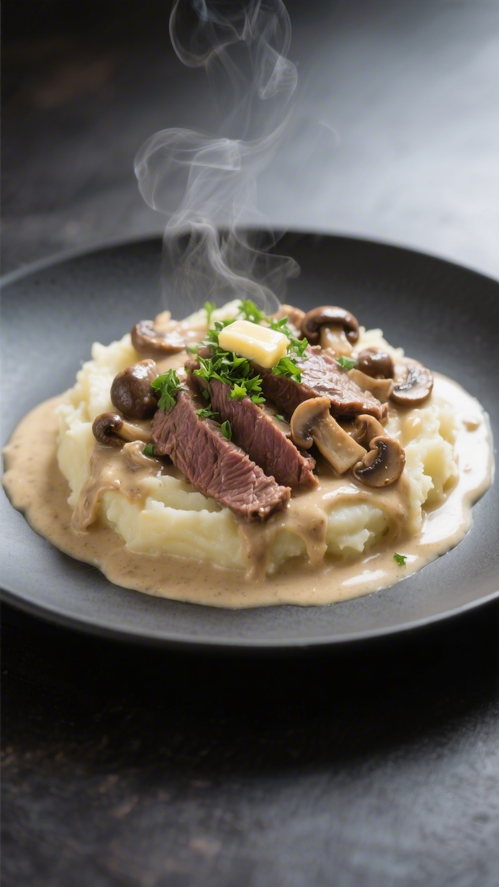 Final dish presentation: Restaurant-quality plate of beef stroganoff over creamy mashed potatoes, sa