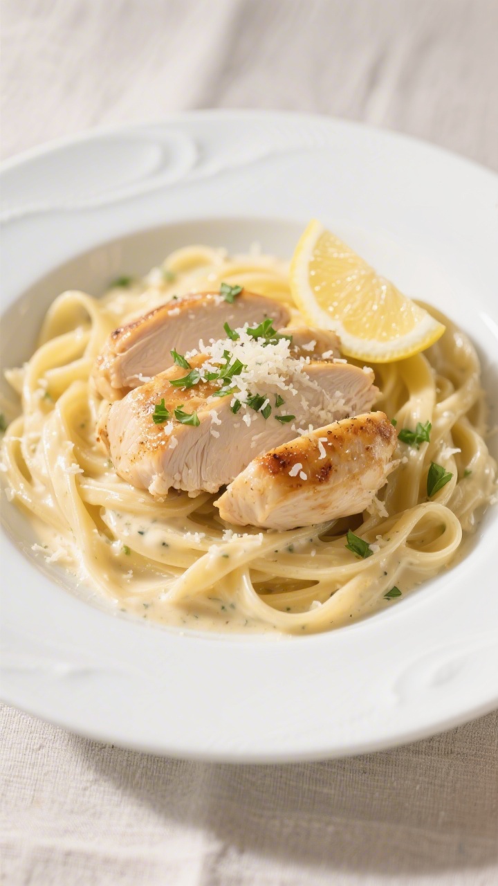 Final dish presentation: Restaurant-quality plated Creamy Parmesan Chicken over al dente fettuccine,