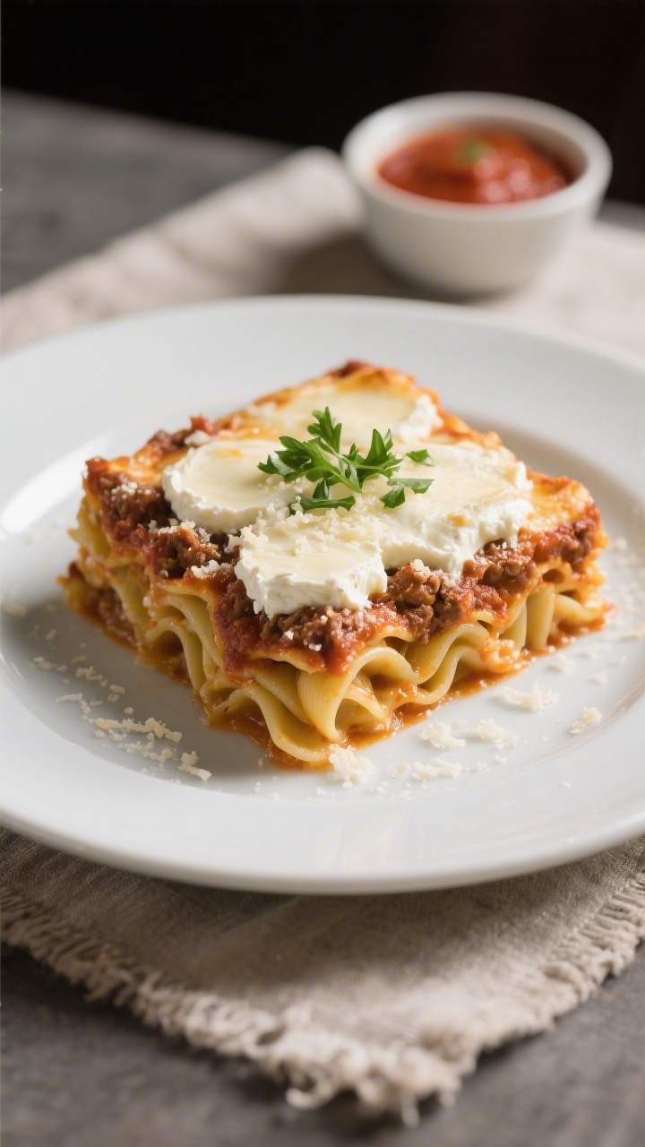 Final dish presentation: Restaurant-quality plated square of the pasta bake on a matte white plate,