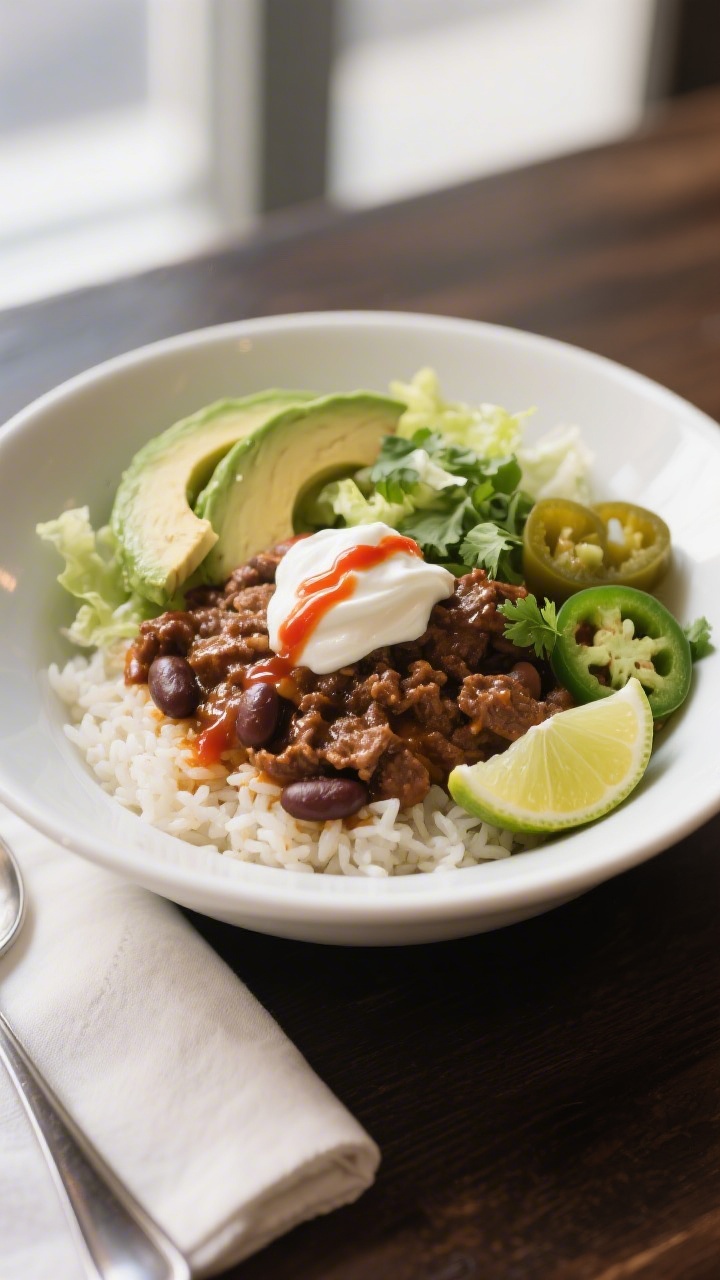 Final dish presentation: Restaurant-quality plated Beef and Bean Burrito Bowl in a shallow white cou
