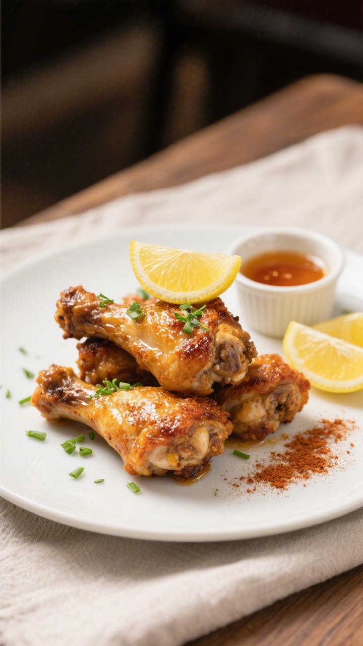 Final dish presentation: Restaurant-quality plated crispy baked chicken drumsticks stacked casually