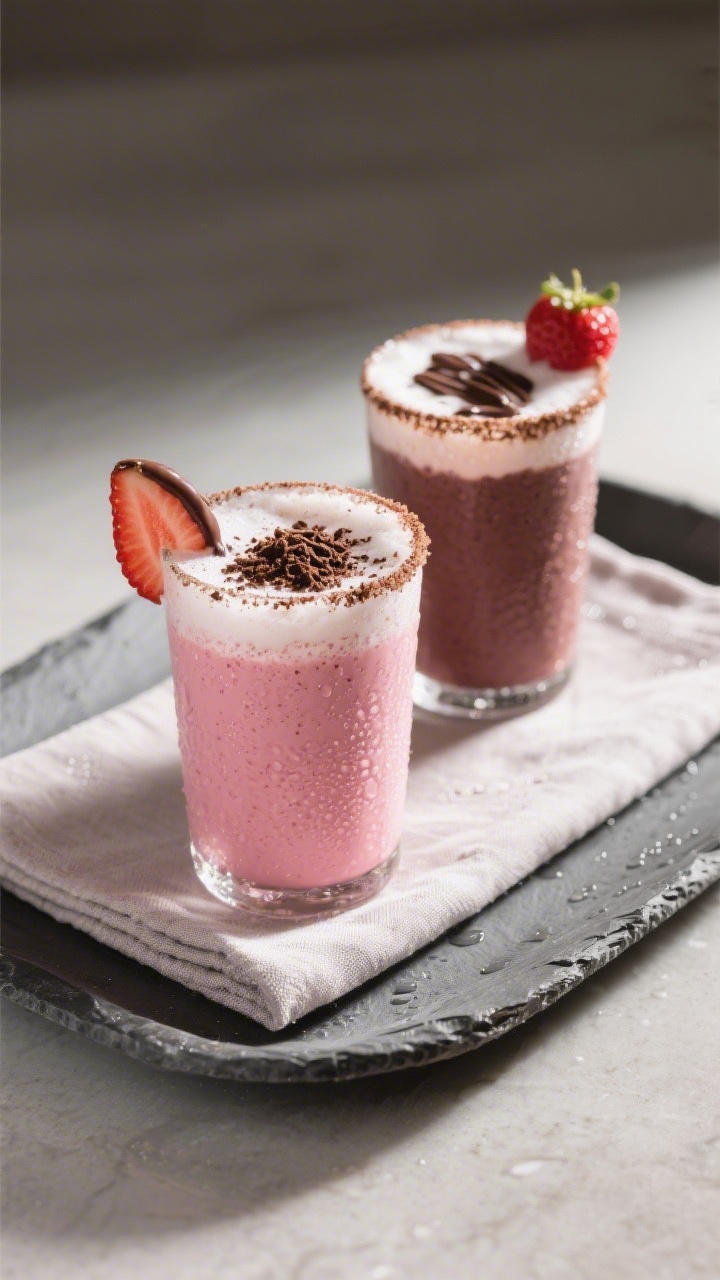 Final dish presentation: Restaurant-quality plated beverage duo—two frosty smoothie glasses with f
