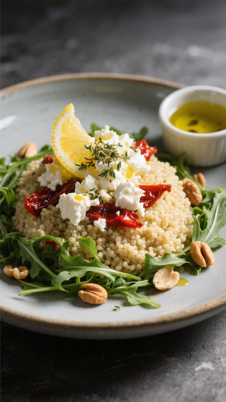 Final dish presentation: Restaurant-quality plated Mediterranean couscous with optional add-ons—be