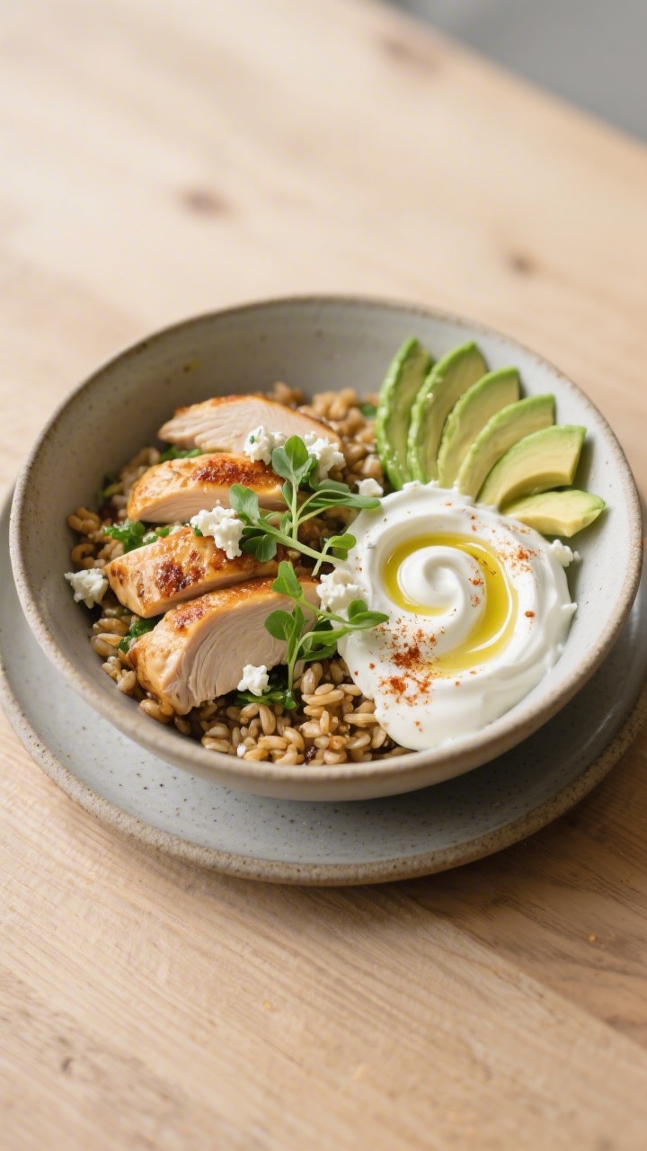 Final dish presentation: Restaurant-quality plated Mediterranean chicken bowl variation—farro base