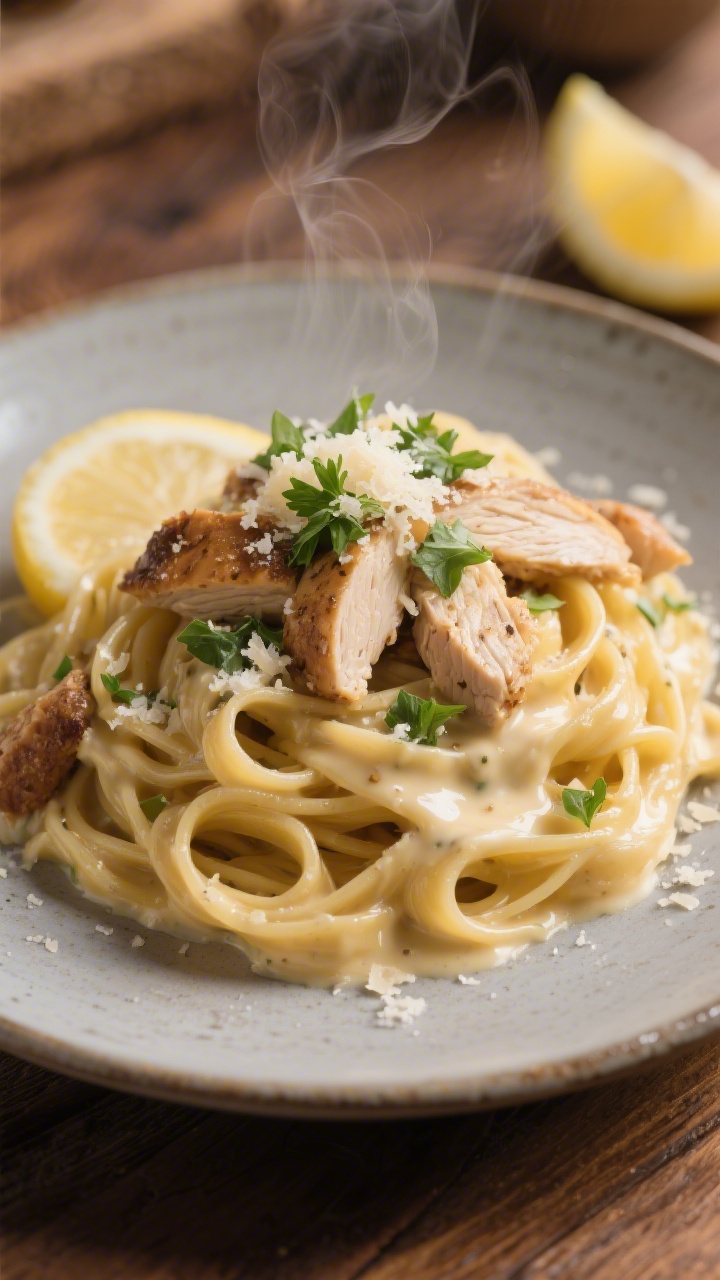 Final dish presentation: Restaurant-quality plated High Protein Chicken Alfredo—twirled fettuccine
