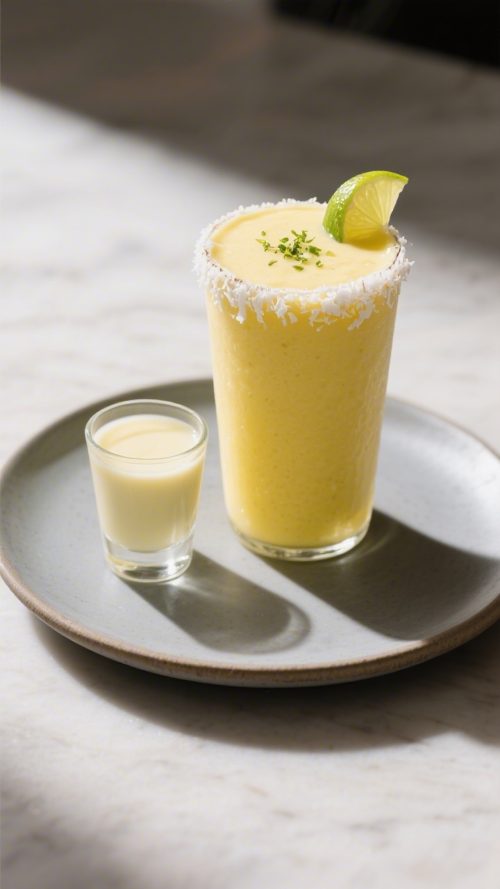 Final dish presentation: Restaurant-quality plated moment—single tall smoothie glass on a matte ce