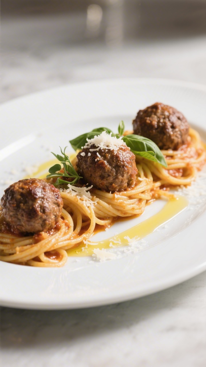 Final dish presentation: Restaurant-quality plated bucatini and meatballs on a wide white rimmed pla