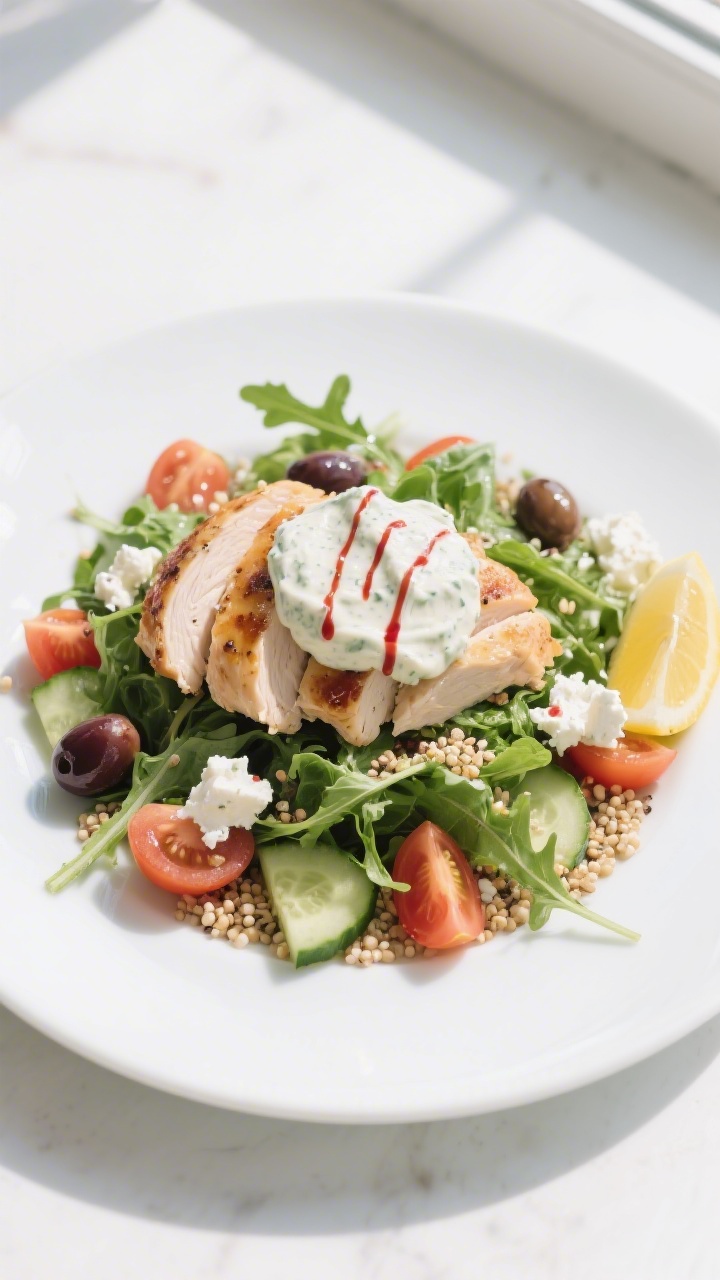 Final dish presentation: Restaurant-quality plated low-carb version on mixed greens—arugula and ro