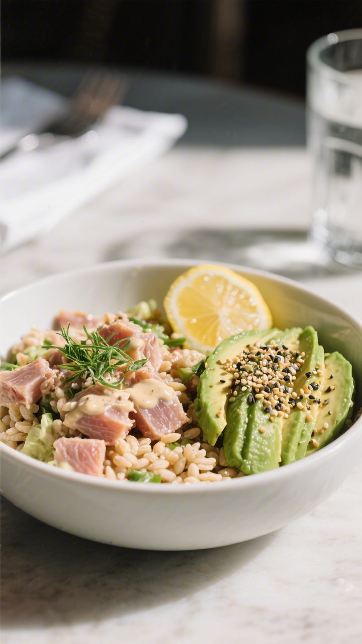 Final dish presentation: Restaurant-quality plated tuna salad grain bowl with avocado fanned on the