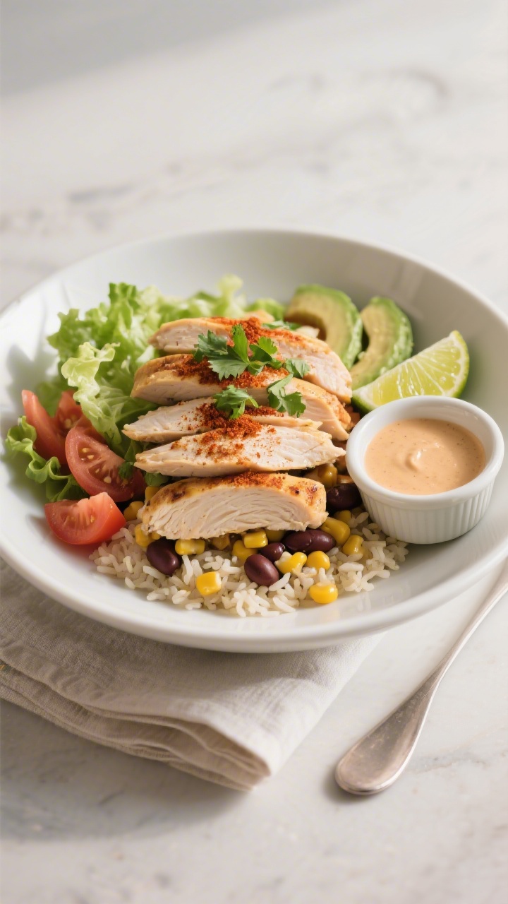 Final dish presentation: Restaurant-quality plated chicken taco bowl on a wide, shallow white plate,
