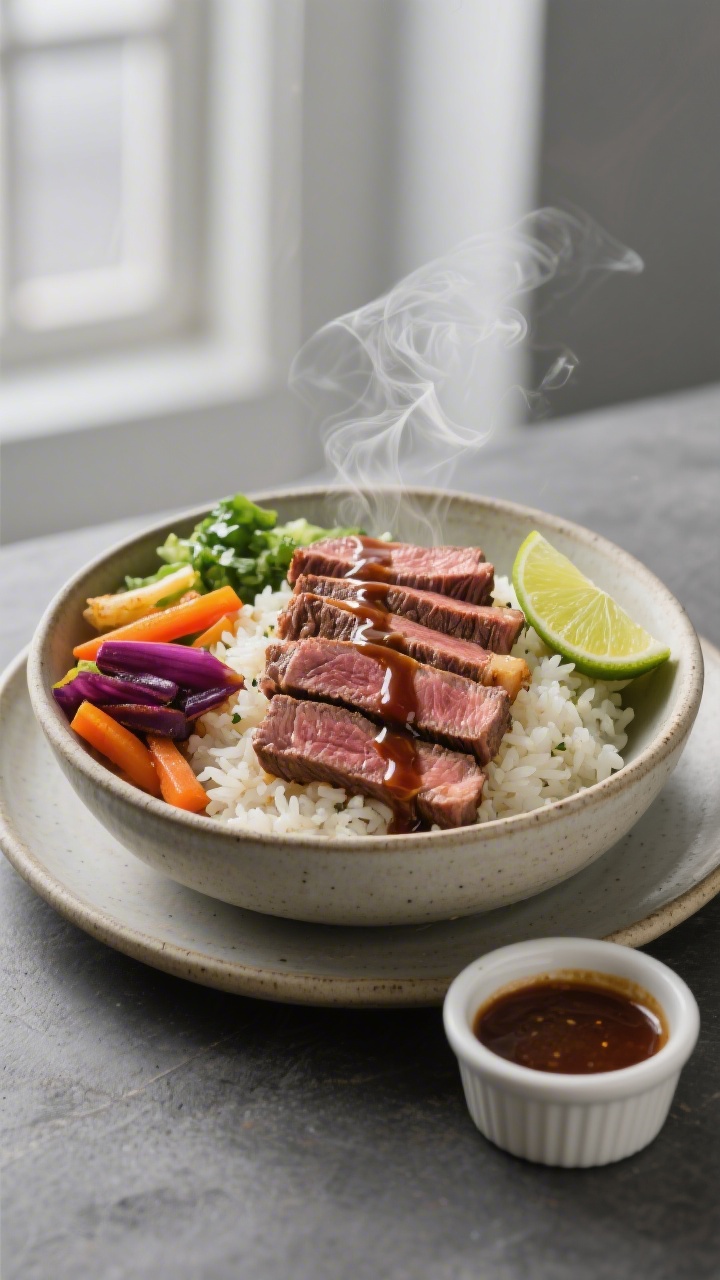 Final dish presentation: Restaurant-quality plated steak rice bowl styled for weeknight elegance—s
