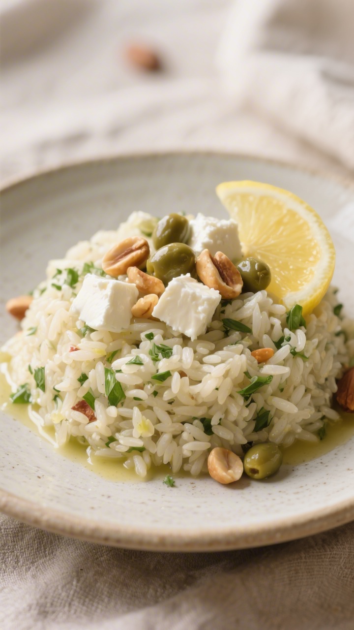 Final dish presentation: Restaurant-quality plated Mediterranean Rice Salad in a shallow stoneware p