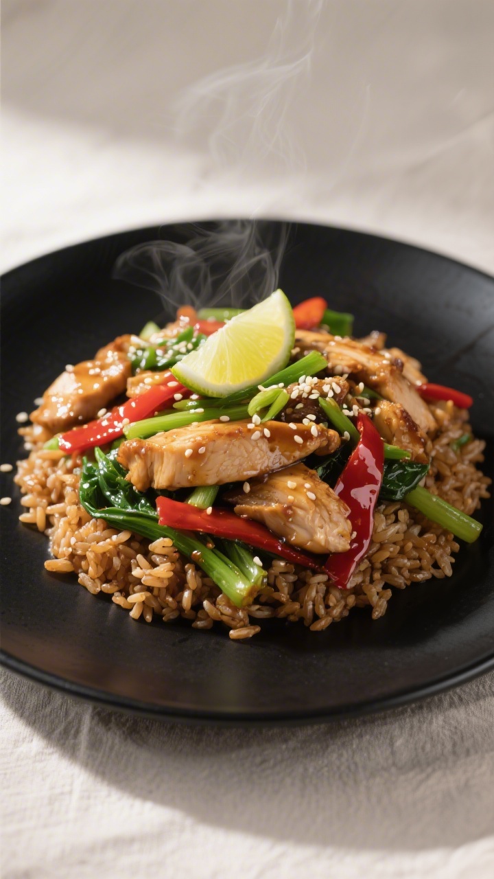 Final dish presentation: Restaurant-quality plating of chicken stir fry over brown rice on a matte b