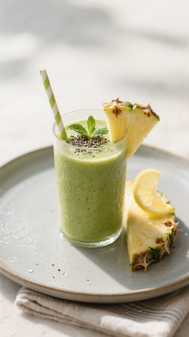 Final dish presentation: Restaurant-quality serving of the Spinach Fruit Smoothie in a tall, frosted