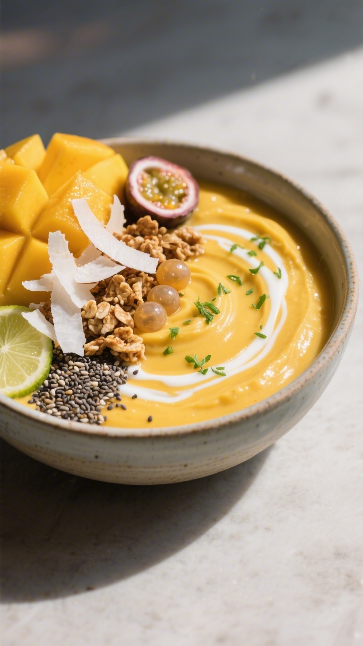 Final dish presentation: Restaurant-quality styled mango smoothie bowl variation—ultra-thick, spoo