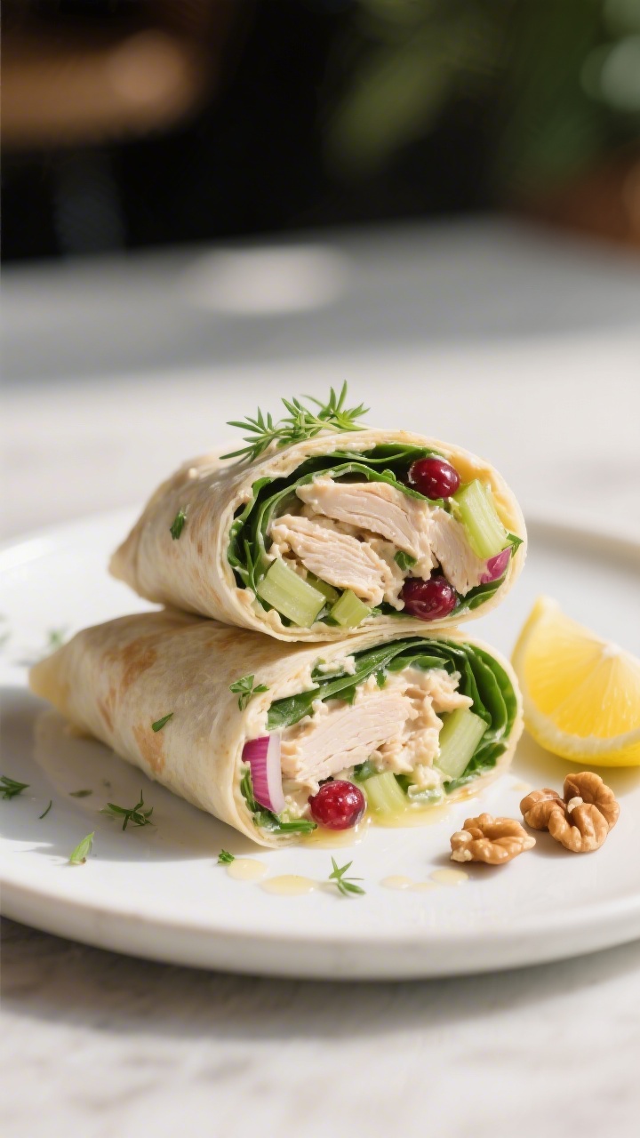 Final dish presentation: Sliced chicken salad wrap halves stacked seam-side down on a matte white pl