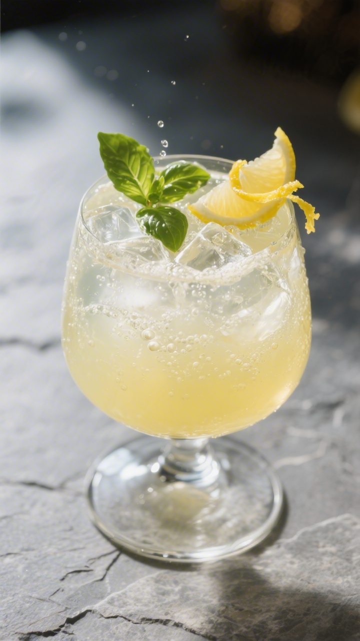 Final dish presentation: Sparkling lemonade variation poured into a stemless wine glass, lively effe