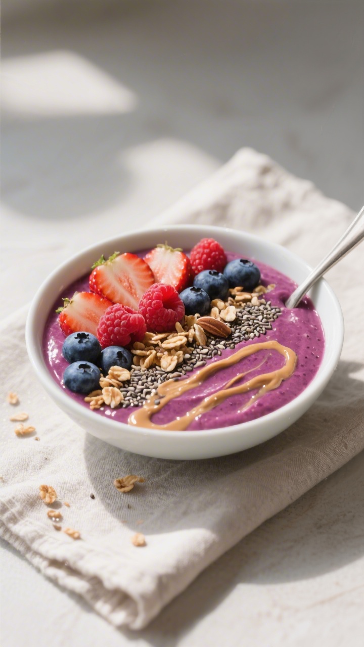 Final dish presentation: Spoonable smoothie bowl styled thick and glossy, topped with a tidy line of
