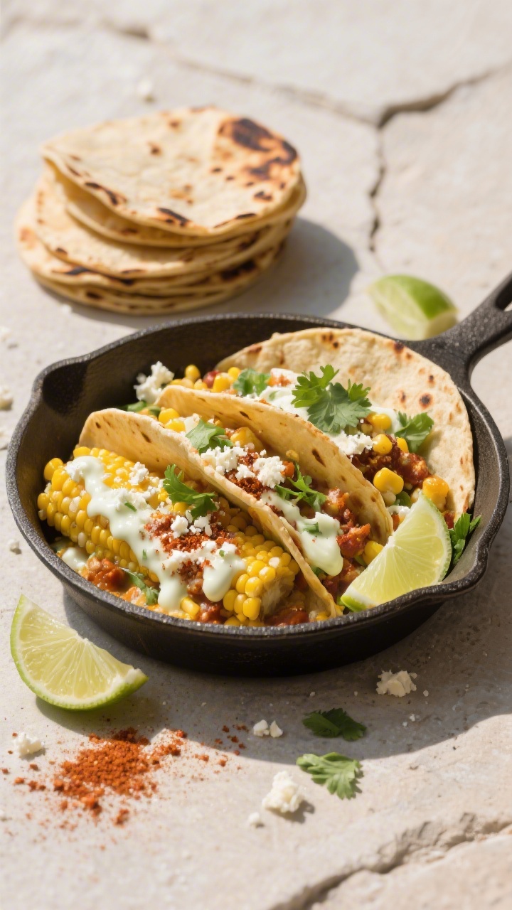 Final dish presentation: Street-corn style variation plated family-style—taco skillet folded with