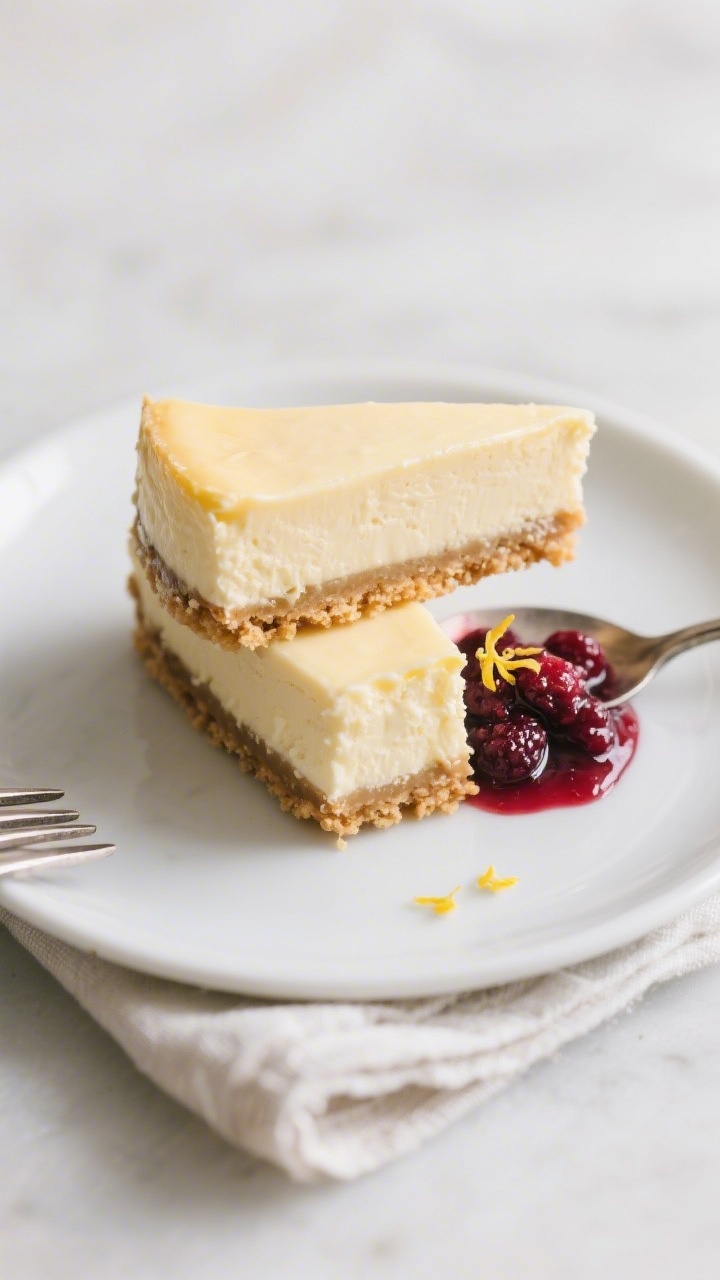 Final dish presentation: Two cheesecake bars stacked slightly offset on a matte white dessert plate,