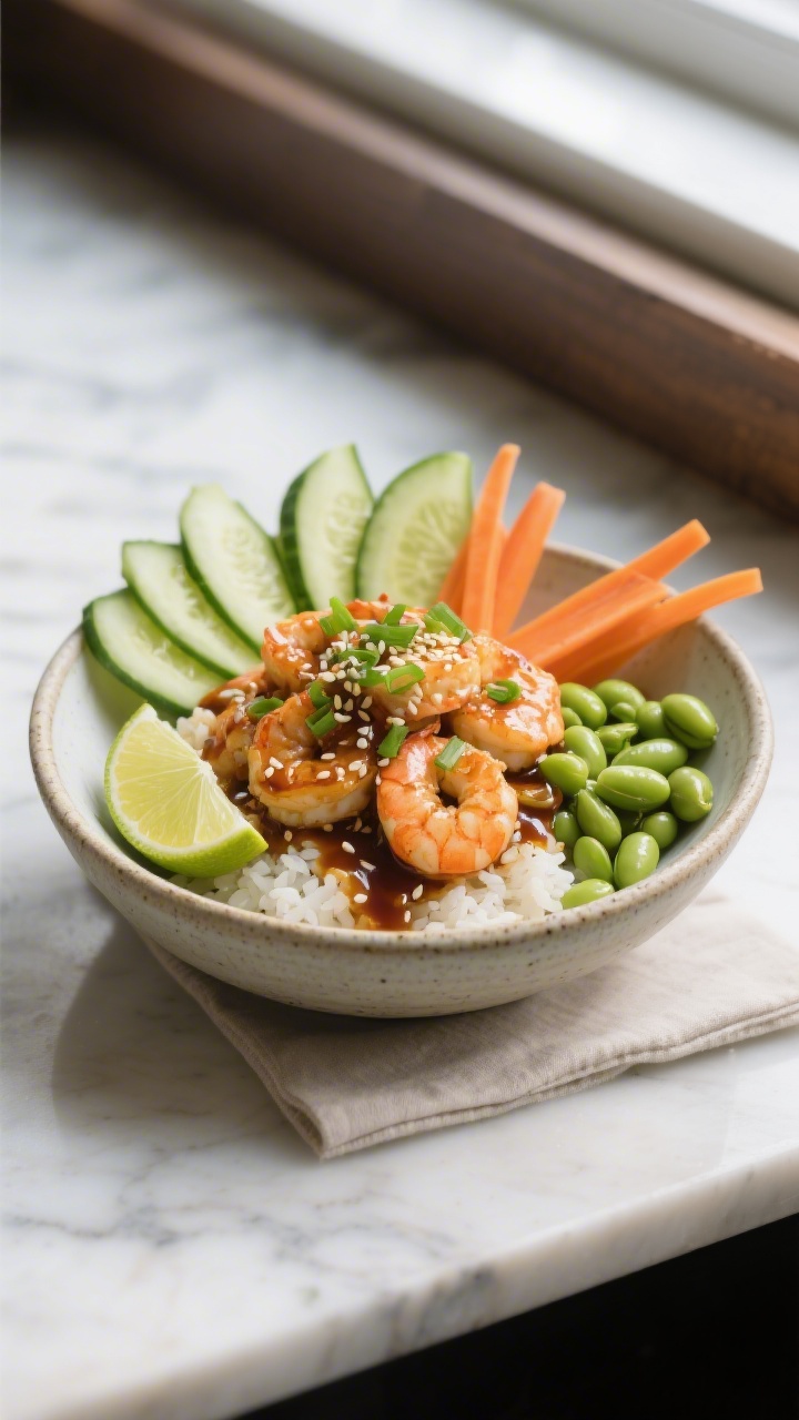 Final dish, restaurant presentation: Beautifully plated high-protein shrimp rice bowl in a shallow s