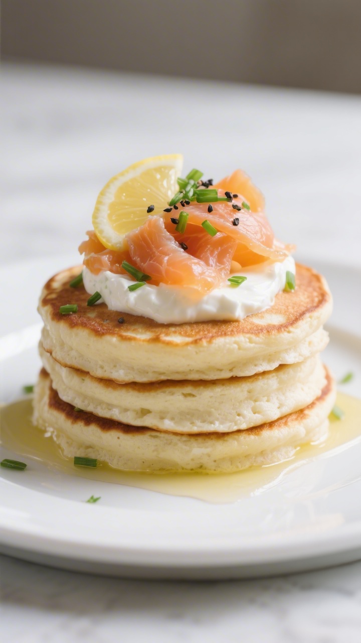 Final dish, savory variation: beautifully plated savory cottage cheese pancakes stacked with a smear