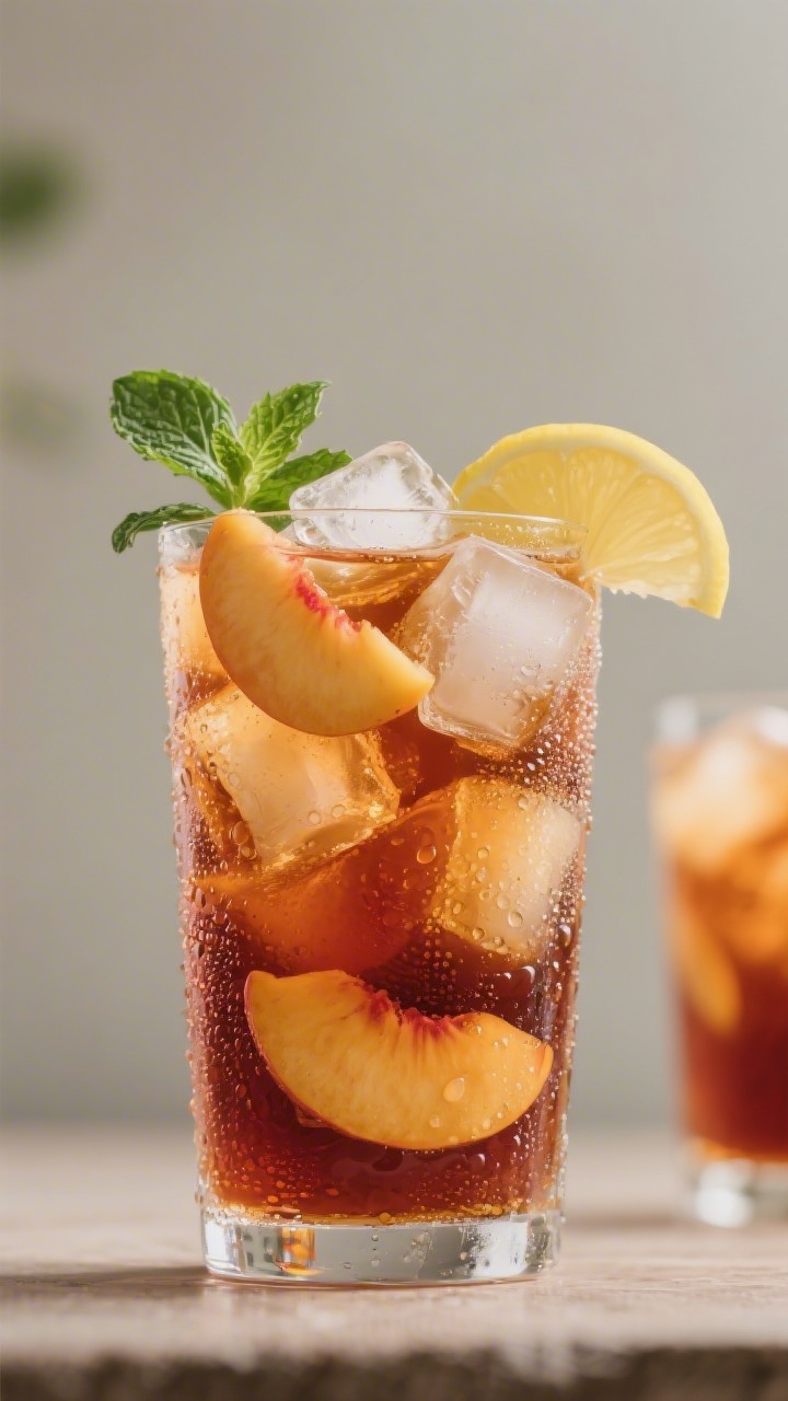 Final drink — classic peach iced tea on ice: Hero shot of a tall, condensation-beaded glass filled
